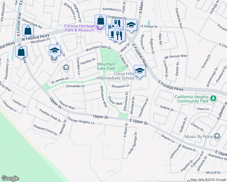 map of restaurants, bars, coffee shops, grocery stores, and more near 341 Kilworth Drive in Corona