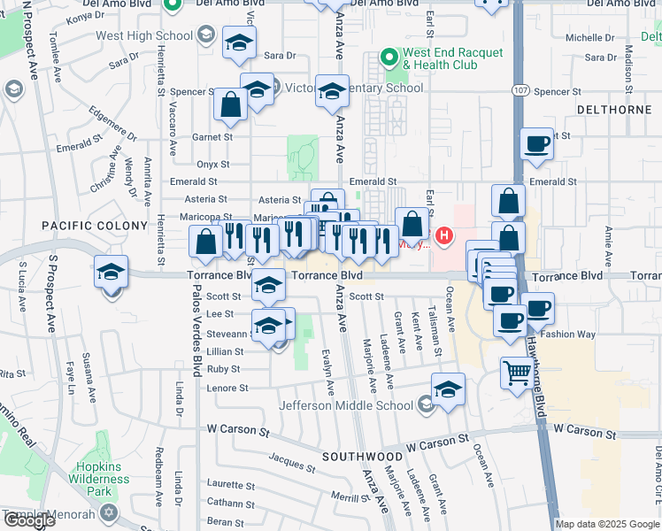map of restaurants, bars, coffee shops, grocery stores, and more near 2 Torrance Boulevard in Redondo Beach