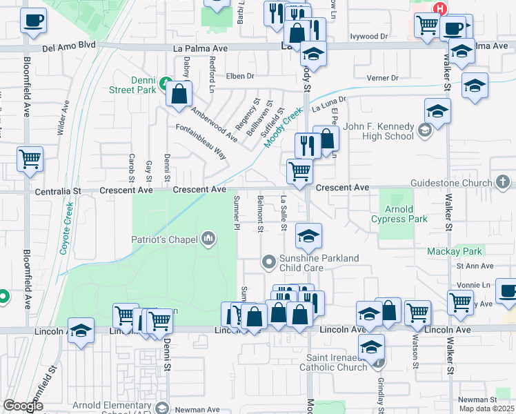 map of restaurants, bars, coffee shops, grocery stores, and more near 8561 Belmont Street in Cypress