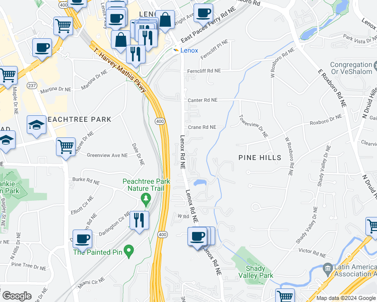 map of restaurants, bars, coffee shops, grocery stores, and more near 2301 Lenox Road Northeast in Atlanta