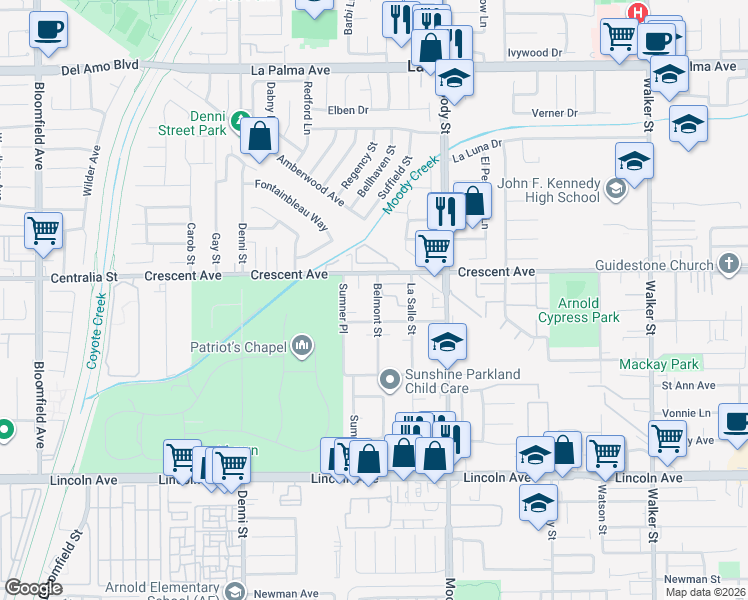 map of restaurants, bars, coffee shops, grocery stores, and more near 8561 Belmont Street in Cypress