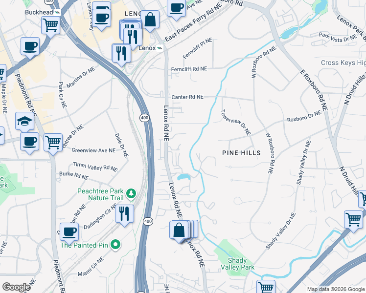 map of restaurants, bars, coffee shops, grocery stores, and more near 2301 Lenox Road Northeast in Atlanta