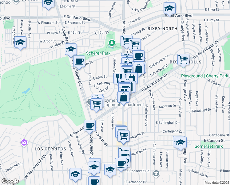 map of restaurants, bars, coffee shops, grocery stores, and more near 4450 Linden Avenue in Long Beach