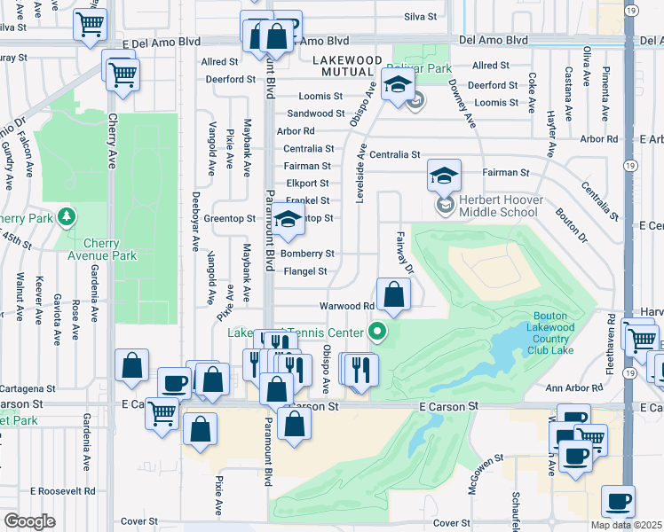 map of restaurants, bars, coffee shops, grocery stores, and more near 2837 Flangel Street in Lakewood