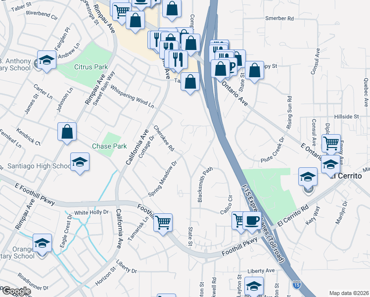 map of restaurants, bars, coffee shops, grocery stores, and more near 1607 Cherokee Road in Corona