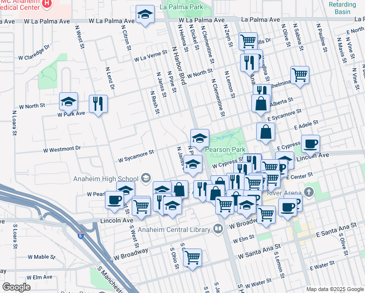 map of restaurants, bars, coffee shops, grocery stores, and more near 511 North Pine Way in Anaheim