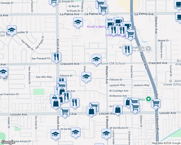 map of restaurants, bars, coffee shops, grocery stores, and more near 7341 Pierce Circle in Buena Park