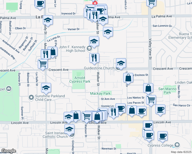 map of restaurants, bars, coffee shops, grocery stores, and more near 5451 Riva Court in Cypress