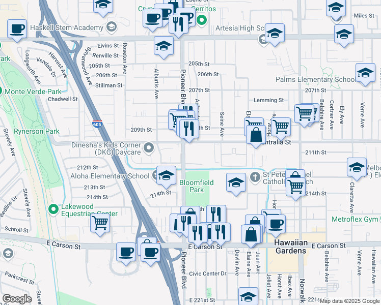 map of restaurants, bars, coffee shops, grocery stores, and more near 20915 Pioneer Boulevard in Lakewood