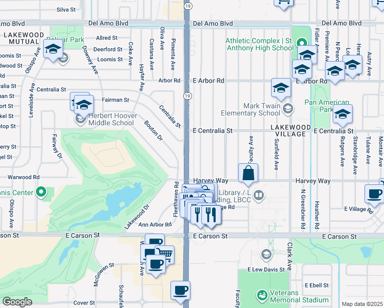 map of restaurants, bars, coffee shops, grocery stores, and more near 4423 Pepperwood Avenue in Long Beach