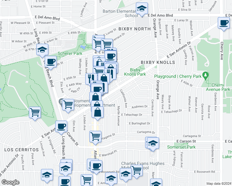 map of restaurants, bars, coffee shops, grocery stores, and more near 925 East San Antonio Drive in Long Beach