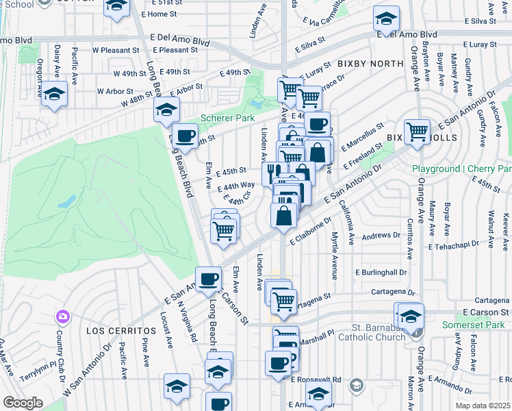 map of restaurants, bars, coffee shops, grocery stores, and more near 4461 Linden Avenue in Long Beach