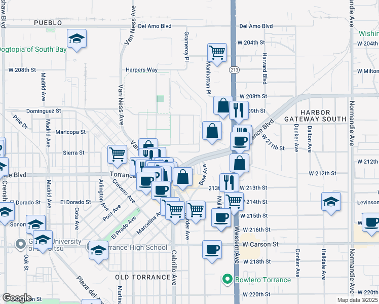 map of restaurants, bars, coffee shops, grocery stores, and more near South Avenue in Torrance