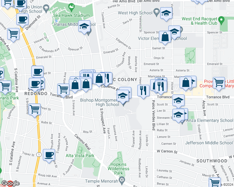 map of restaurants, bars, coffee shops, grocery stores, and more near 21075 Tomlee Avenue in Torrance