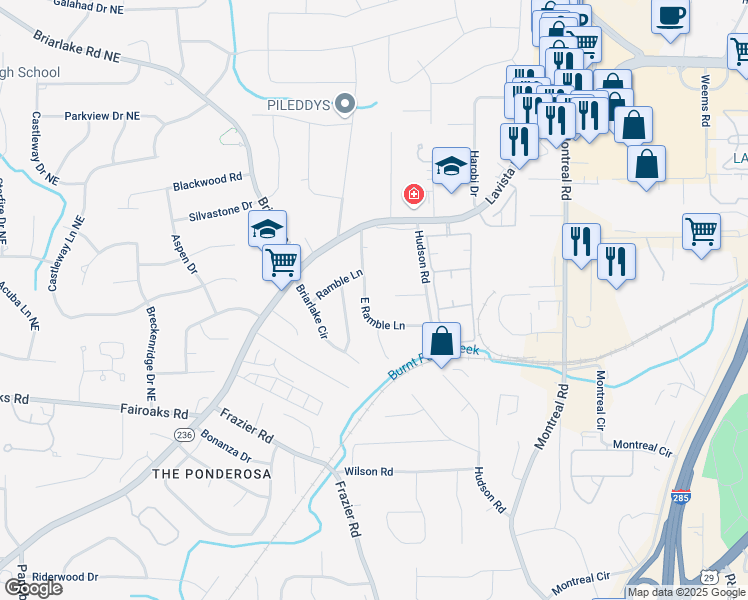 map of restaurants, bars, coffee shops, grocery stores, and more near 3009 Ramble Lane in Decatur