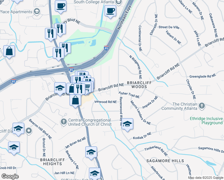 map of restaurants, bars, coffee shops, grocery stores, and more near 1896 Fisher Trail Northeast in Atlanta