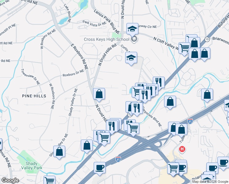 map of restaurants, bars, coffee shops, grocery stores, and more near 1188 Clearview Drive Northeast in Atlanta