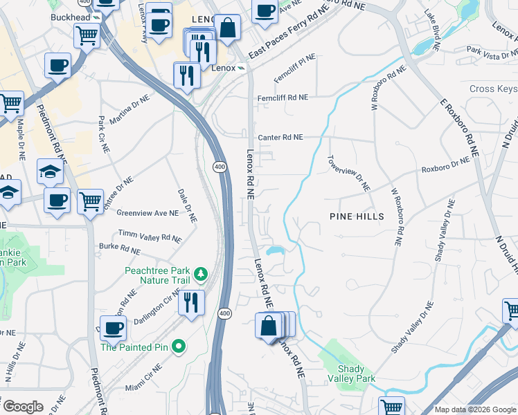 map of restaurants, bars, coffee shops, grocery stores, and more near 2301 Lenox Road Northeast in Atlanta