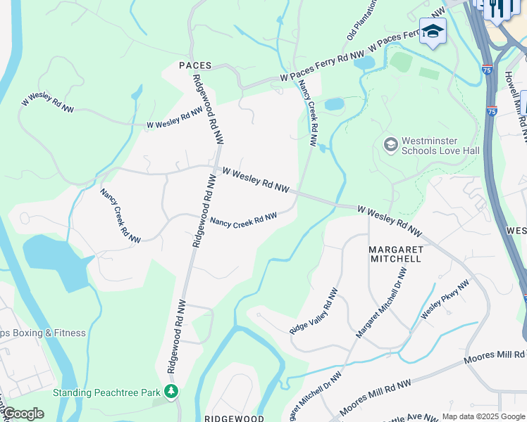 map of restaurants, bars, coffee shops, grocery stores, and more near 3038 Nancy Creek Road Northwest in Atlanta