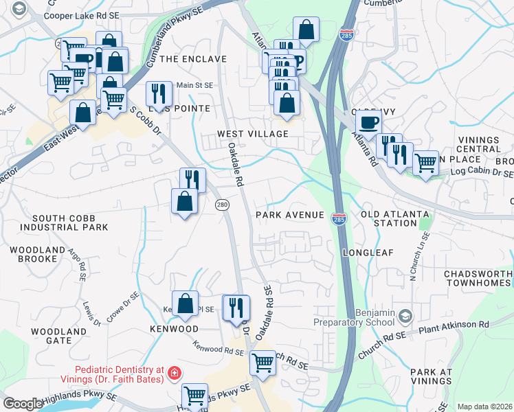 map of restaurants, bars, coffee shops, grocery stores, and more near 4712 Beech Street Southeast in Smyrna