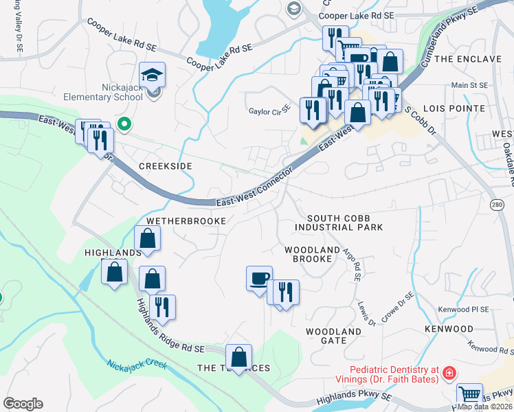 map of restaurants, bars, coffee shops, grocery stores, and more near 4780 Camp Highland Road in Smyrna