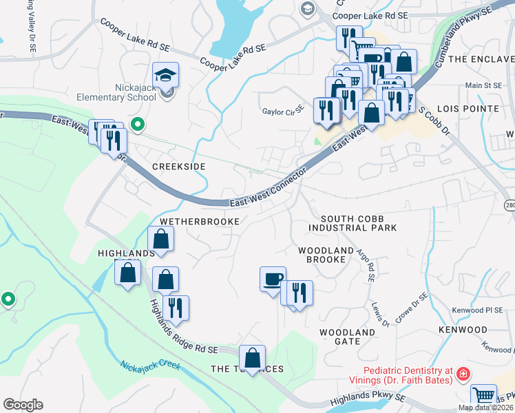 map of restaurants, bars, coffee shops, grocery stores, and more near 4780 Camp Highland Road in Smyrna