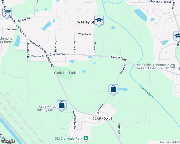 map of restaurants, bars, coffee shops, grocery stores, and more near 3401 Clay Road Southwest in Austell