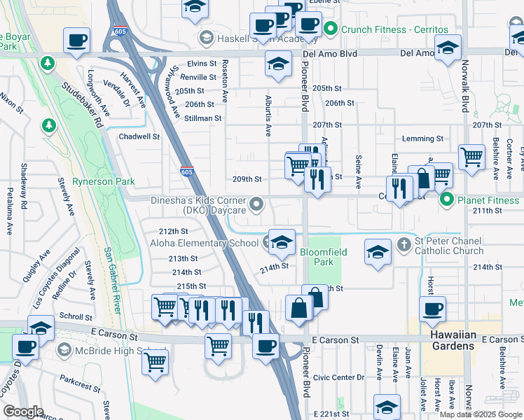 map of restaurants, bars, coffee shops, grocery stores, and more near 21102 Dalaman Avenue in Lakewood