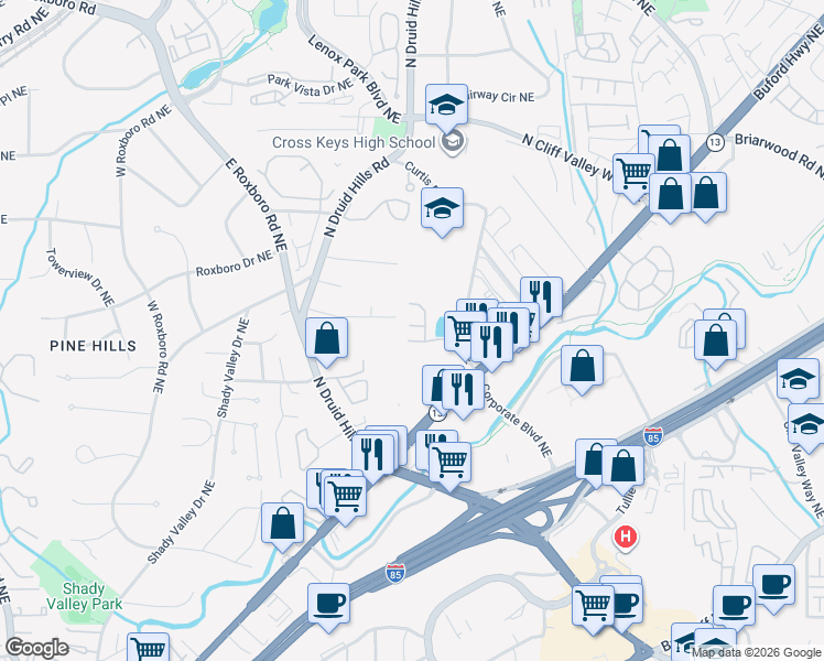 map of restaurants, bars, coffee shops, grocery stores, and more near 1299 Keys Lake Drive Northeast in Atlanta