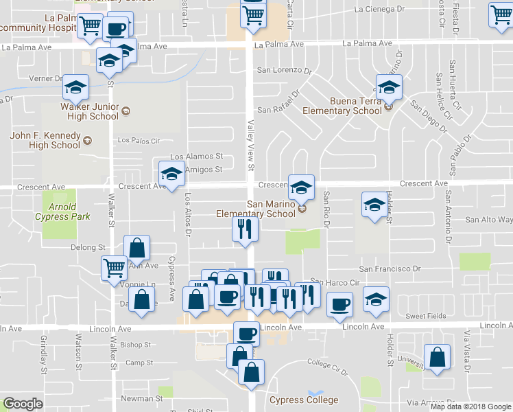 map of restaurants, bars, coffee shops, grocery stores, and more near 8577 San Romolo Way in Buena Park