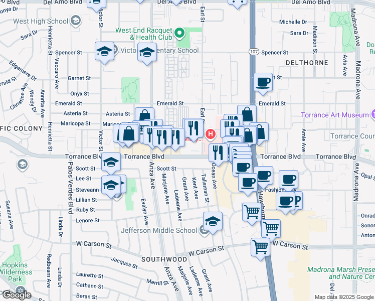 map of restaurants, bars, coffee shops, grocery stores, and more near 4201 Torrance Boulevard in Torrance