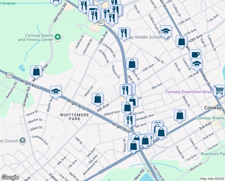 map of restaurants, bars, coffee shops, grocery stores, and more near 911 Hickory Circle in Conway
