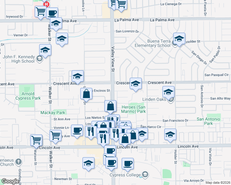 map of restaurants, bars, coffee shops, grocery stores, and more near 8577 San Romolo Way in Buena Park