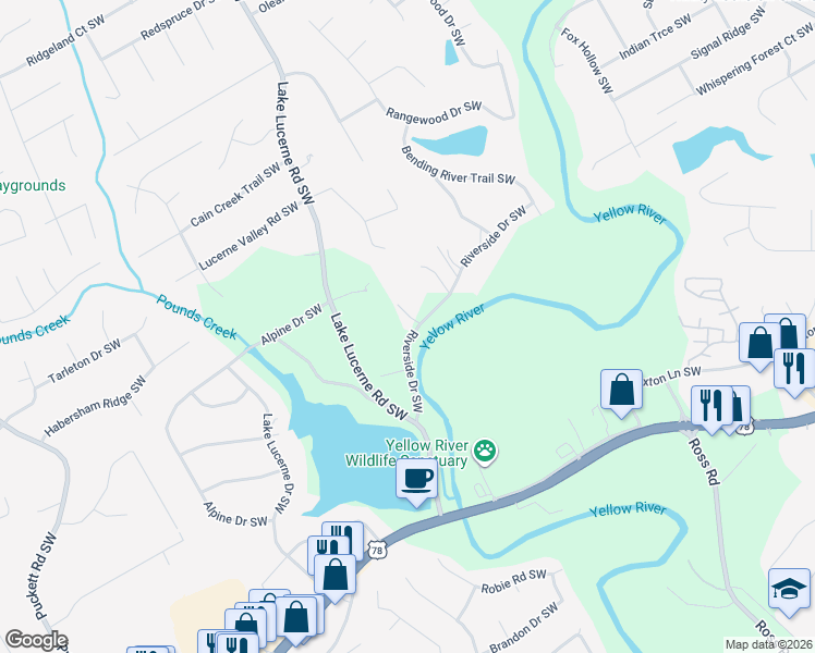 map of restaurants, bars, coffee shops, grocery stores, and more near 4511 Riverside Drive Southwest in Lilburn
