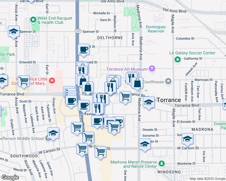 map of restaurants, bars, coffee shops, grocery stores, and more near 3537 Torrance Boulevard in Torrance