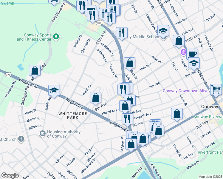 map of restaurants, bars, coffee shops, grocery stores, and more near 911 Hickory Circle in Conway
