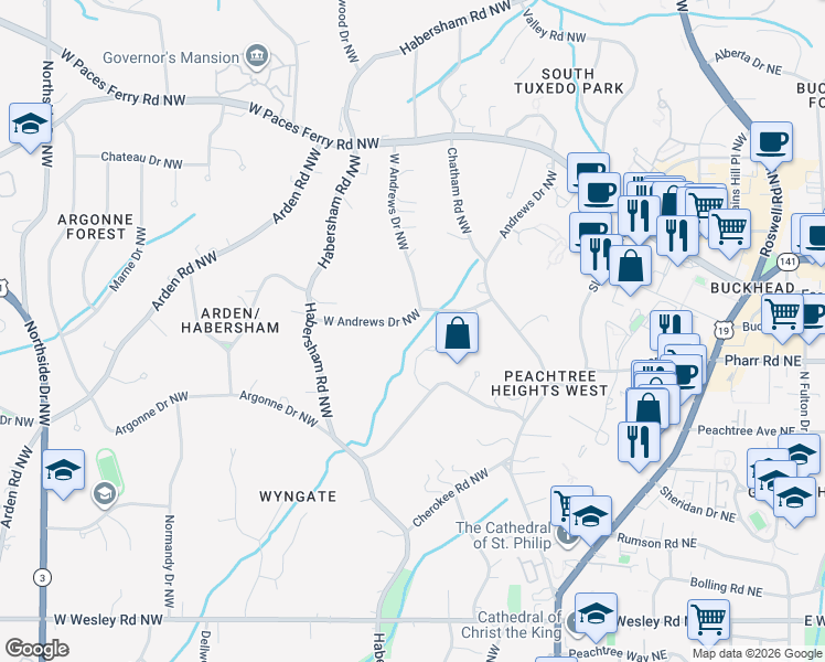 map of restaurants, bars, coffee shops, grocery stores, and more near 3077 Andrews Drive Northwest in Atlanta