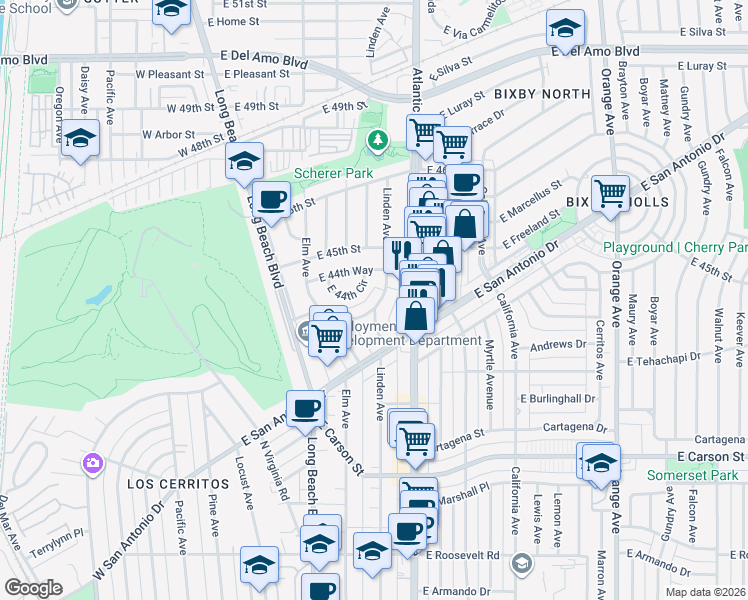 map of restaurants, bars, coffee shops, grocery stores, and more near 4443 Linden Avenue in Long Beach