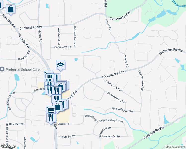 map of restaurants, bars, coffee shops, grocery stores, and more near 486 Benson Hurst Drive Southwest in Mableton