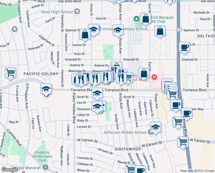 map of restaurants, bars, coffee shops, grocery stores, and more near 21104 Donora Avenue in Torrance