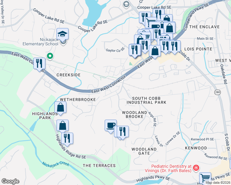 map of restaurants, bars, coffee shops, grocery stores, and more near 4804 Highside Way Southeast in Smyrna