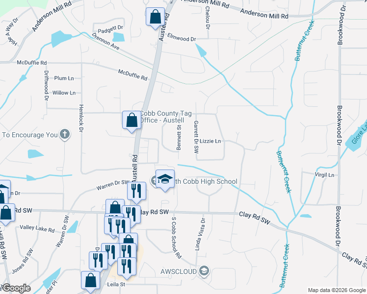 map of restaurants, bars, coffee shops, grocery stores, and more near 4729 Bennett Street in Austell