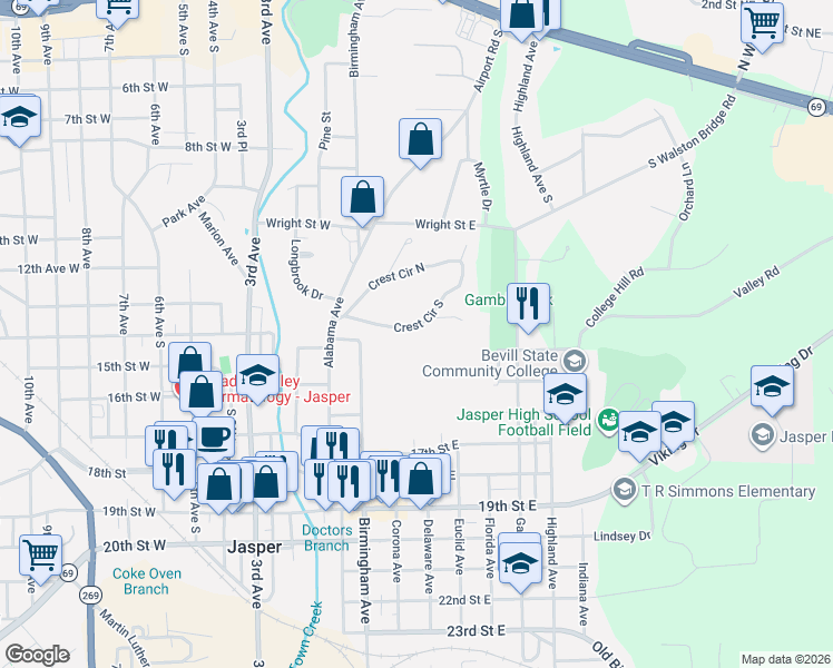 map of restaurants, bars, coffee shops, grocery stores, and more near 344-598 Crest Cir S in Jasper