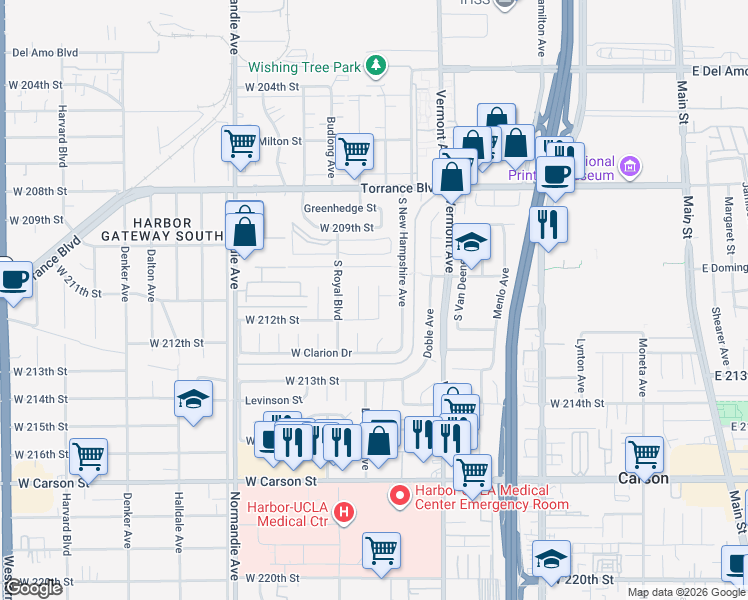 map of restaurants, bars, coffee shops, grocery stores, and more near 21125 Broadwell Avenue in Torrance
