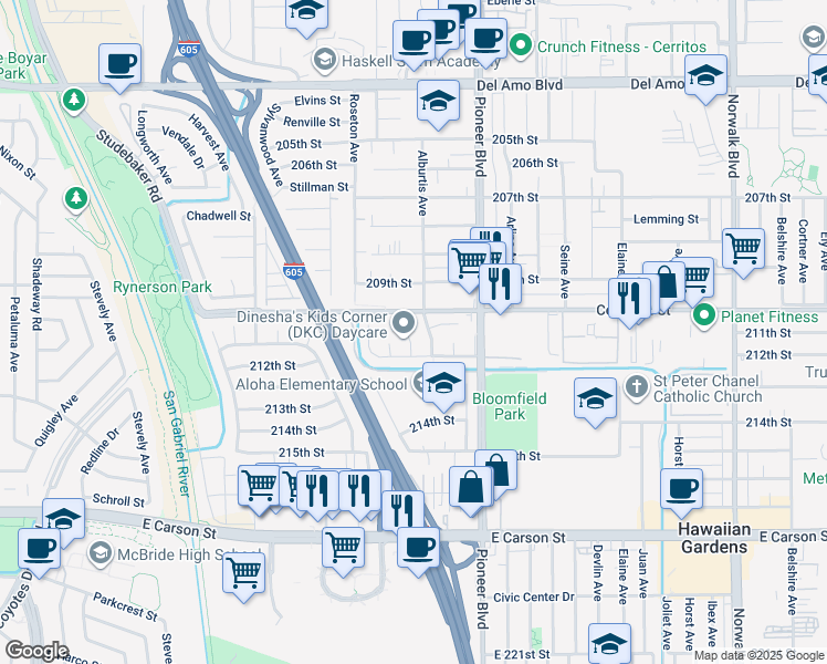map of restaurants, bars, coffee shops, grocery stores, and more near 21102 Dalaman Avenue in Lakewood
