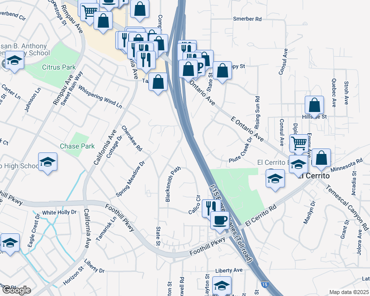 map of restaurants, bars, coffee shops, grocery stores, and more near 19414 Dry Gulch Road in Corona