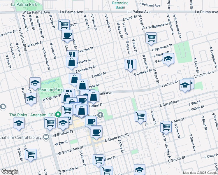map of restaurants, bars, coffee shops, grocery stores, and more near 485 East Chartres Street in Anaheim