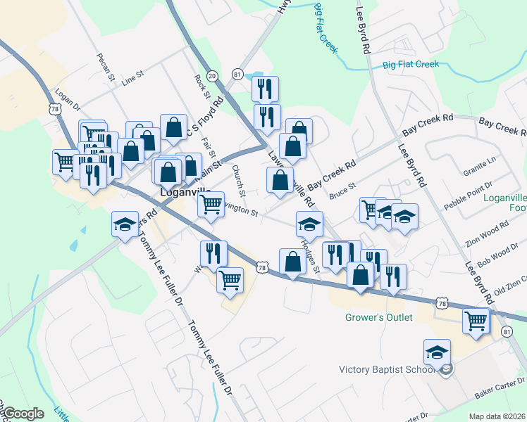 map of restaurants, bars, coffee shops, grocery stores, and more near 132 Church Street in Loganville