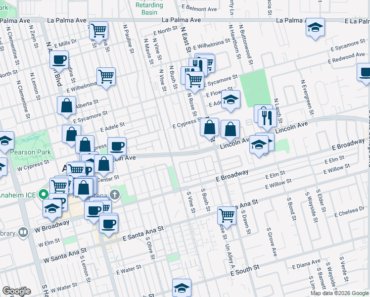 map of restaurants, bars, coffee shops, grocery stores, and more near 2 North Vine Street in Anaheim