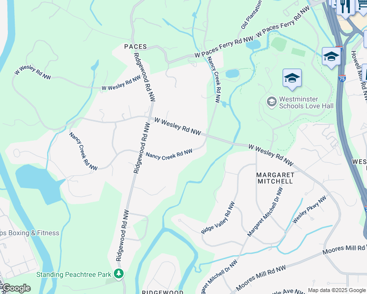 map of restaurants, bars, coffee shops, grocery stores, and more near 3038 Nancy Creek Road Northwest in Atlanta